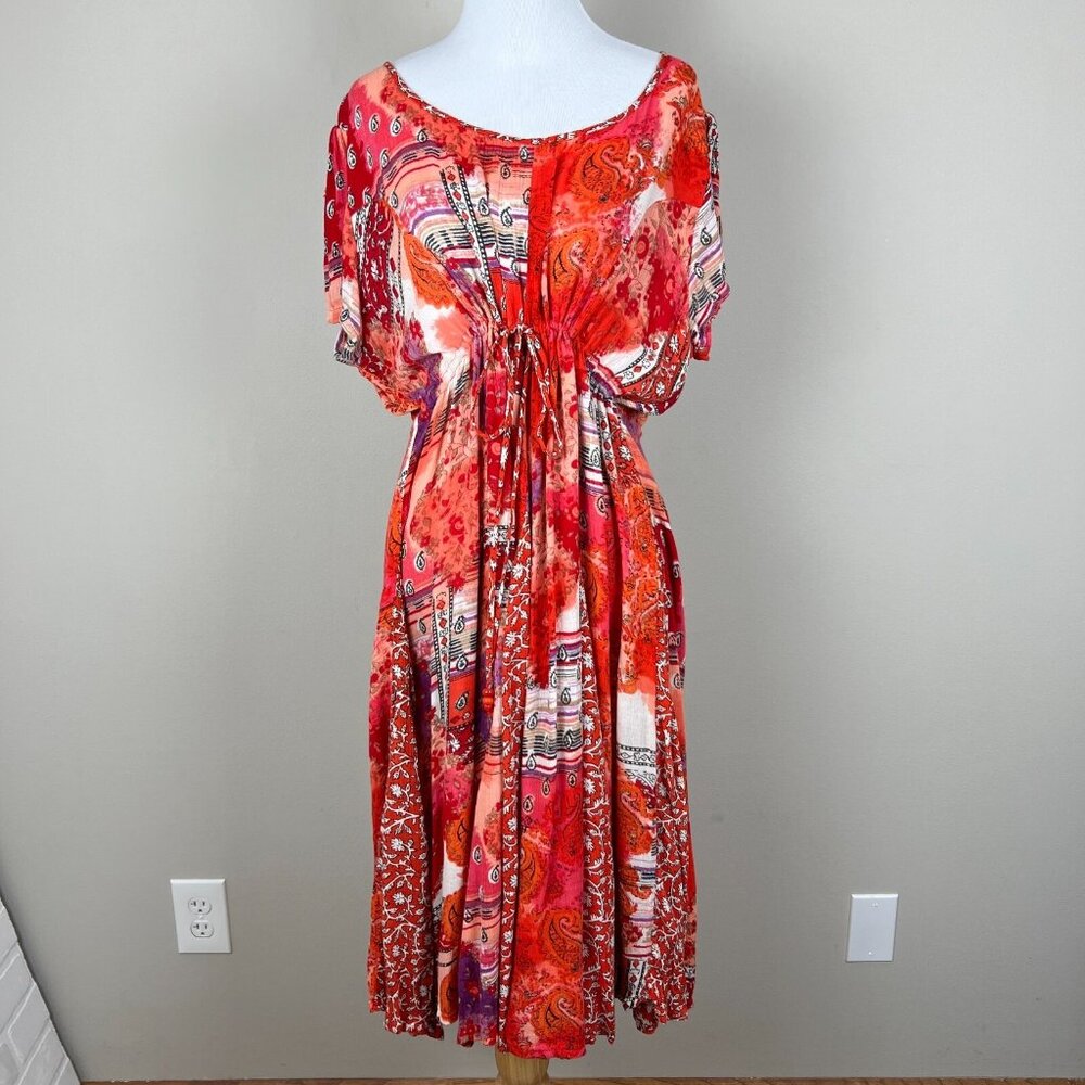 Bila Midi Dress Womens XL Orange Red Floral Boho Tie Waist Short Sleeve‎ A-Line